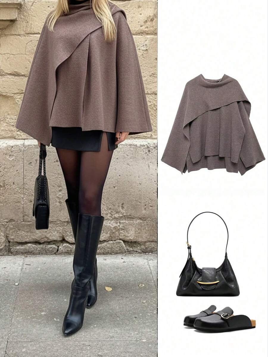 Damen Mode Lässig Poncho Stil locker Schal Dekor Strick Pullover Cardigan - Braun - Übersicht 1