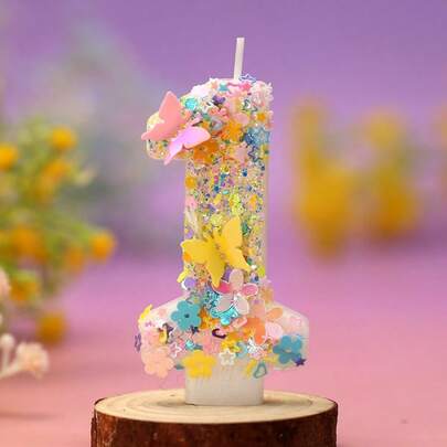 1支生日数字蜡烛，彩色0-9数字蜡烛，彩色花朵和蝴蝶生日蛋糕蜡烛，亮片蜡烛蛋糕装饰，适用于室内派对、周年纪念、毕业典礼、生日派对装饰