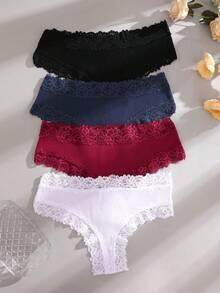 4 件装女士蕾丝边舒适罗纹三角裤，纯色，低腰