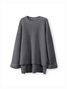 女士纯色针织套头毛衣，侧开衩设计，宽松版型，时尚优雅，居家度假皆宜，简约时尚。 - 深灰色 - 查看 7