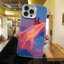 Cubierta de telefono con borde negro y diseño de ballena arco iris en tonos azules y rosados para iPhone 14 Pro Max estilo moderno ideal para uso diario en cafeterias y salas de estar - Blanco - Ver 7