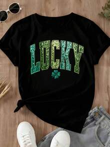 Women's Casual T-Shirt Lucky St Patrick Day Green Sequin Clover Print For Saint Patricks Day Celebration - 黑色 - 查看 2