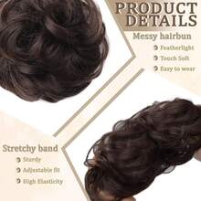 Messy Bun Hair Piece Hair Bun Wavy Curly Scrunchies Chignon Ponytail Hair Extensions Fake Hair Bun Extensions Synthetic Tousled Updo Hairpieces For Women(Dark Brown),DarkBrown - 深棕色 - 查看 5