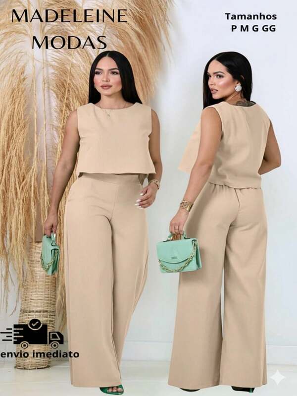 Conjunto Feminino Linho Blusa Regata e Calça com Elástico – Look Elegante P M G GG