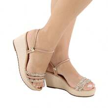 Women's Ankle Strap Wedge Sandal With Rhinestone Straps – Comfort And Elegance. Sizes 33 To 43. - Gold - View 1