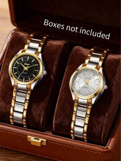 两枚女士奢华腕表，圆形表盘，双色不锈钢表带。时尚设计，适合日常通勤、约会及其他场合。是送给女友、家人和朋友的贴心礼物，适合母亲节、生日、圣诞节及日常佩戴，尽显品质与优雅。不含包装盒。