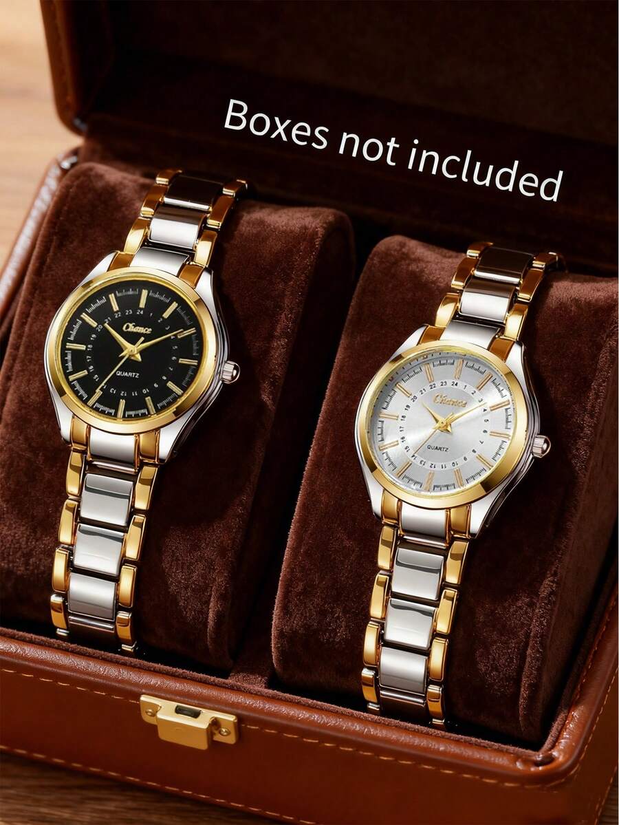 两枚女士奢华腕表，圆形表盘，双色不锈钢表带。时尚设计，适合日常通勤、约会及其他场合。是送给女友、家人和朋友的贴心礼物，适合母亲节、生日、圣诞节及日常佩戴，尽显品质与优雅。不含包装盒。