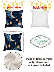 1pc/4pcs Ramadan Polyester Printed Cushion Cover, Blue Moon Flower Cushion Cover, Pillow Pad, Room Decor, Bedroom Decor, Sofa Chair Decoration (Without Pillow Insert) - Multicolor - View 3