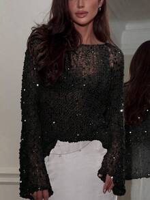 Áo khoác ngoài tay dài dáng rộng Yuwenier Sexy Hollow Out Sheer Sequin Embellished Crochet Cover-Up Bating Long Sleeve Loose Fit Sweater Tops Rave Party For Women Black - màu đen - Xem 4