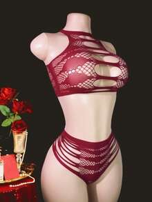 Set de 2 piezas de lencería con mono de encaje sexy - Burdeos - Ver 3