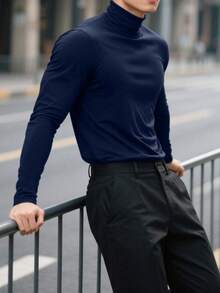 男士高领长袖T恤，适合户外休闲穿着，春秋季 - 藏蓝色 - 查看 7