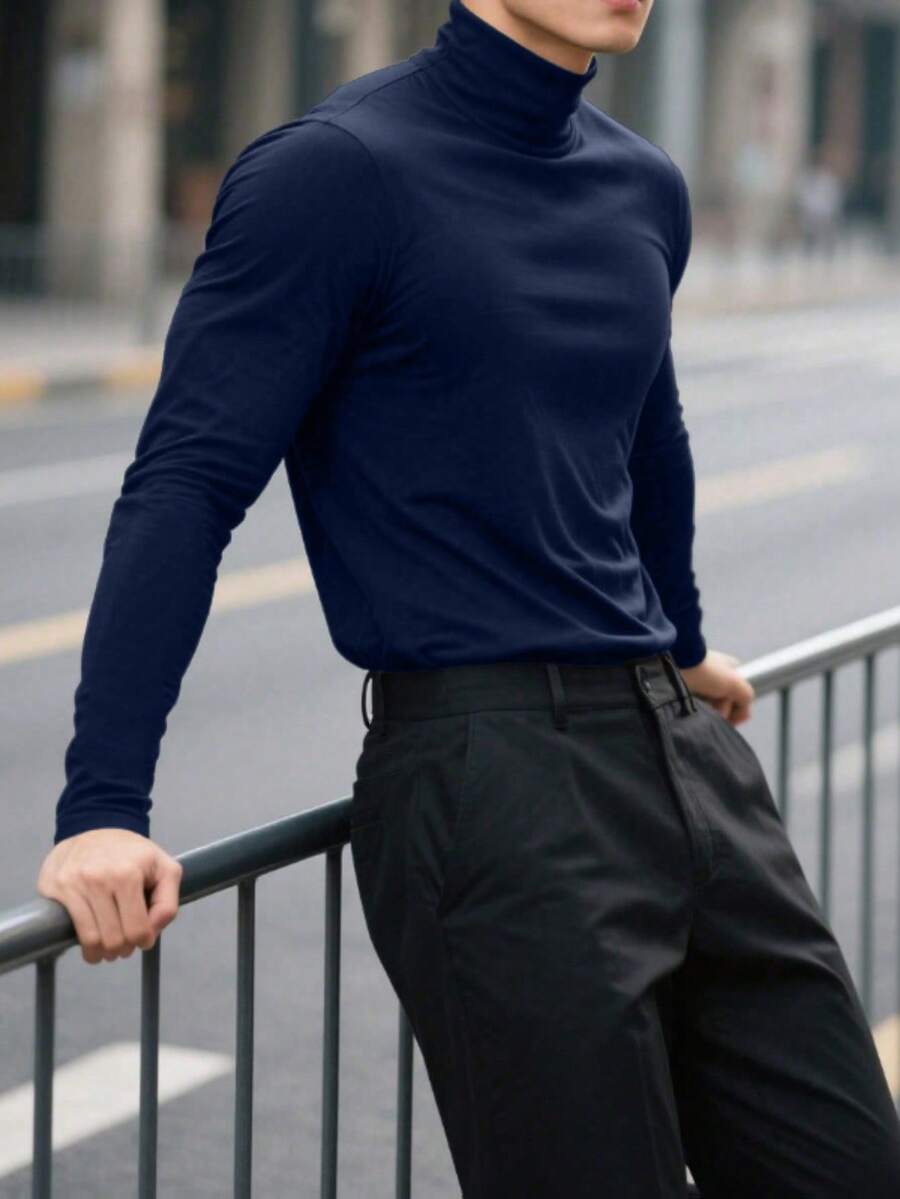 Áo thun dài tay cổ lọ nam mùa xuân/thu, thích hợp mặc thường ngày khi đi dã ngoại. - Màu xanh hải quân - Xem 1