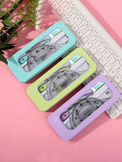 7pcs Student Drawing Ruler Set For Returning To School And Learning Compass Supplies Ruler Set - Seven-Piece Simple And Transparent Ruler Set For Primary School Students' Drawing