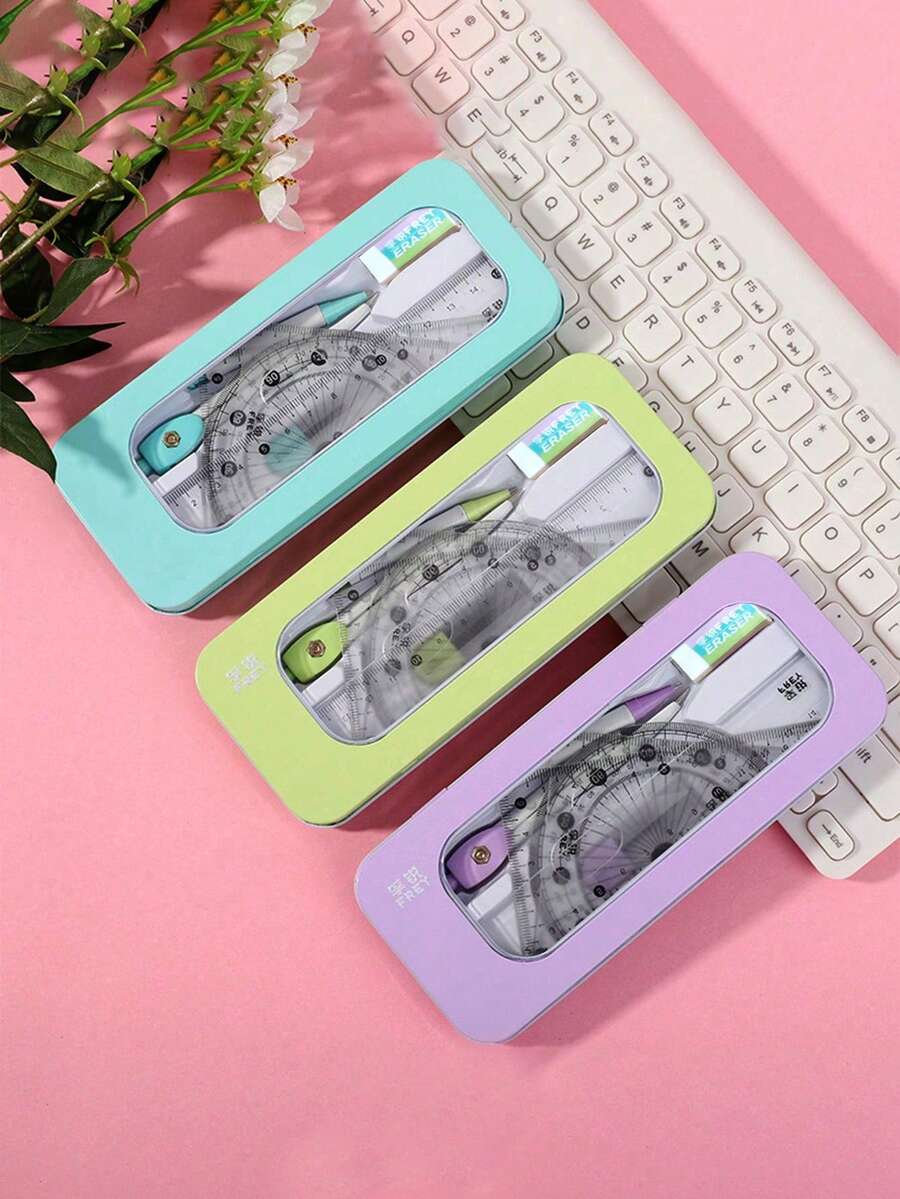 7pcs Student Drawing Ruler Set For Returning To School And Learning Compass Supplies Ruler Set - Seven-Piece Simple And Transparent Ruler Set For Primary School Students' Drawing