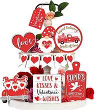 12-Piece Valentine's Day Bright Red Wooden Decor Set - Charming Assorted Designs (Heart/Gnome/Cupid/Truck Accents + "Love/Kisses & Wishes" Romantic Slogans), Durable Unfinished Wood Material, Battery-Free Tabletop/Party Decor Supplies, Festive Valentine's Day Decor Accents (Tray Not Included) - Multicolor - View 5