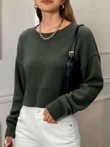 Livesso Loose Fit Cropped Pullover Sweater For Women, Versatile New Style Fall - Army Green - View 5