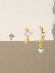 3 件不对称锆石 925 纯银单只耳环 女式时尚穿孔环状耳环 适合婚礼新娘首饰