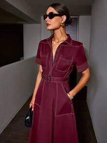 Sollinarry Đầm ngắn tay nữ kiểu dáng vintage thời trang thường ngày, cổ bẻ, phối màu tương phản với cúc cài phía trước và túi hông, dáng ôm eo, chất liệu nhẹ, thoáng khí, không co giãn, dễ bảo quản. Nên đặt mua lớn hơn một size để có kiểu dáng vừa vặn hơn. - Màu đỏ tím - Xem 4