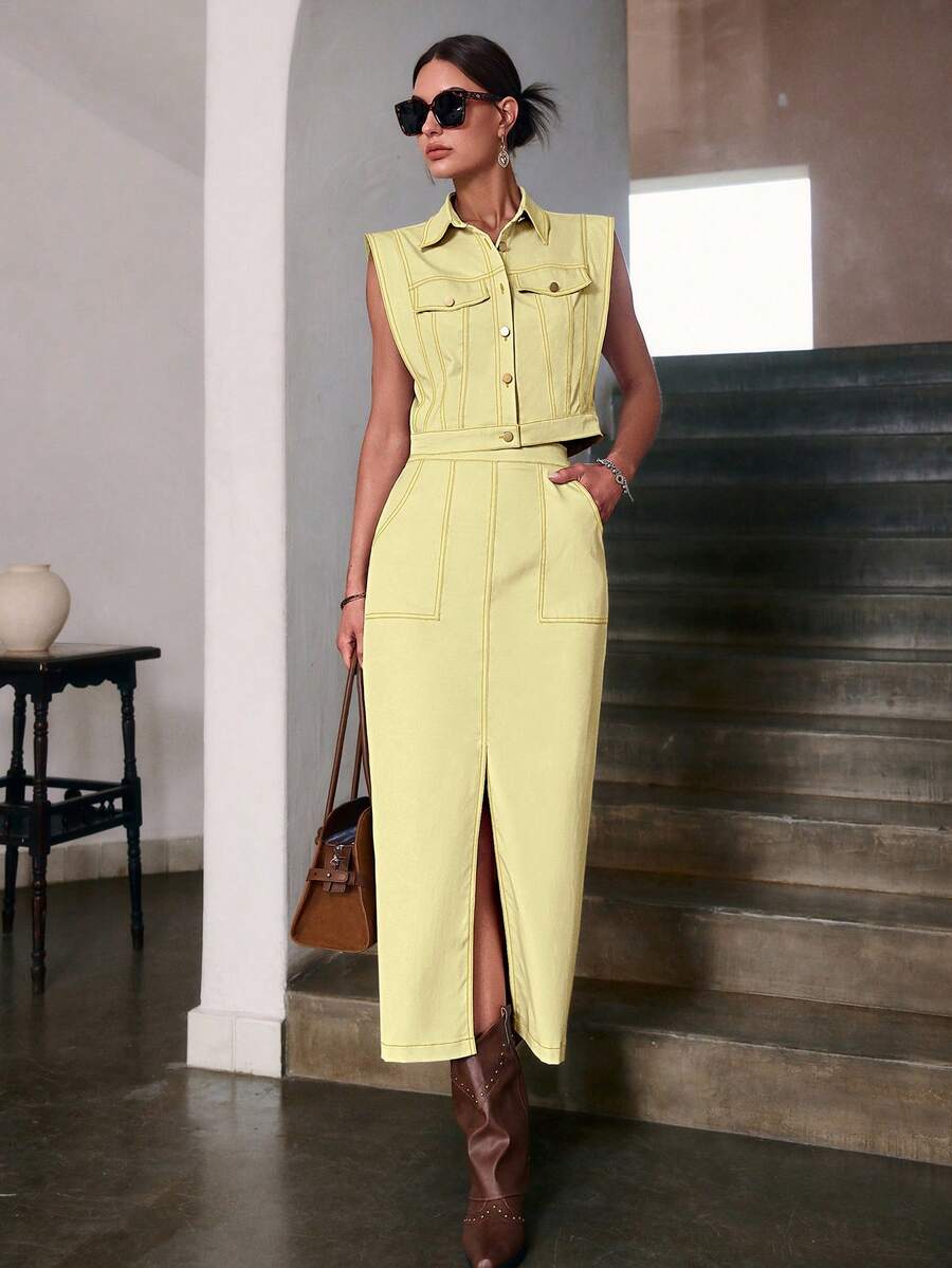 Sollinarry Women's Autumn New Sleeveless Top And Long Midi Skirt Casual 2 Pieces Set, Suitable For Vacation, Music Festival, Fashionable Commute Summer - Light Yellow - View 1