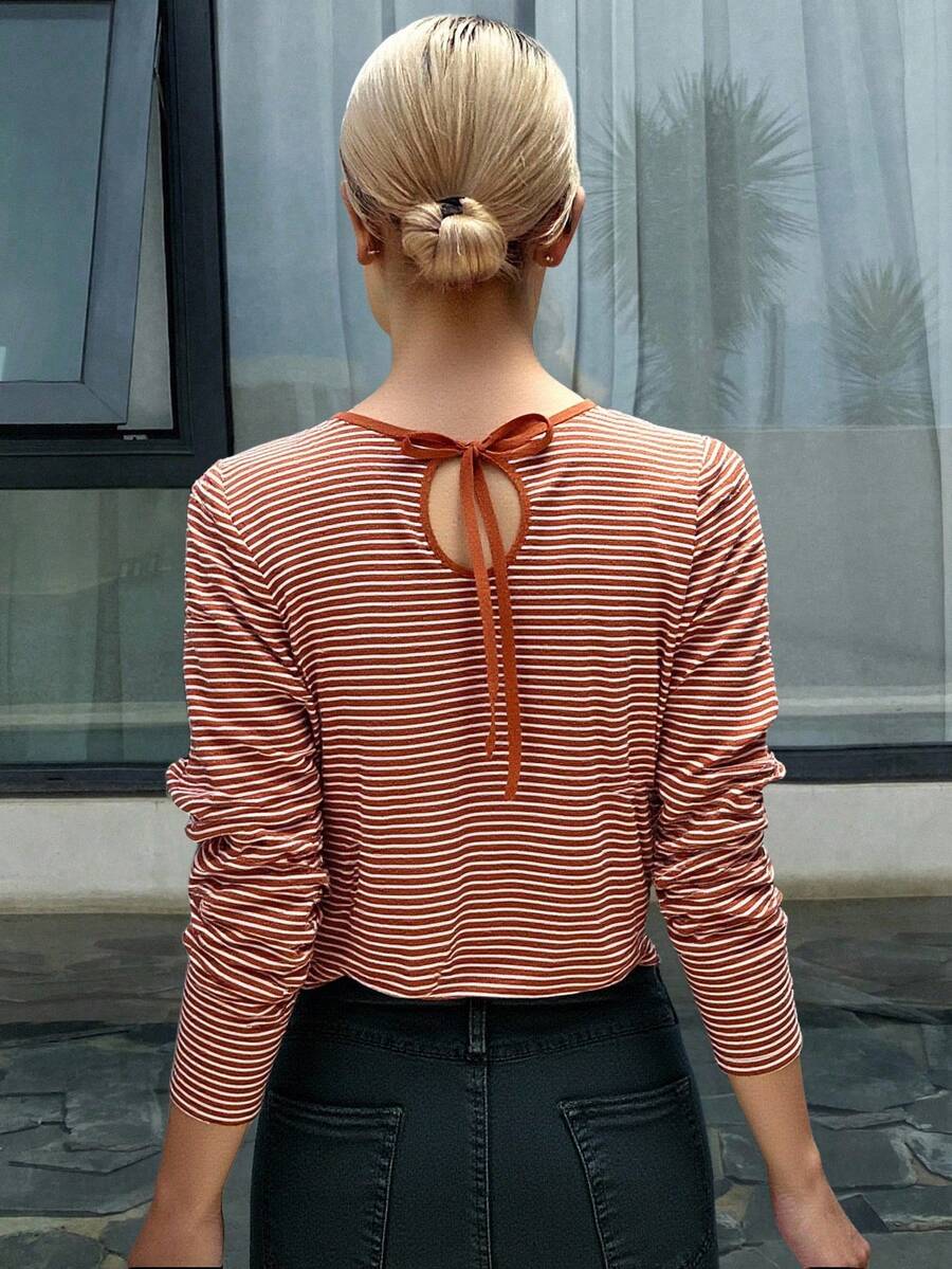 Livesso Women's Round Neck Striped Casual Long Sleeve T-Shirt With Drawstring Back School - Coffee Brown - View 1