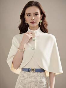 1件优雅秋冬新娘披肩/时尚羊毛混纺女士经典斗篷开衫/小披肩，高品质设计翻领女士斗篷外套/女士披肩，浪漫婚礼派对礼服外套，适合节日派对、盛会和日常穿着。 - 毛呢白色 - 查看 9