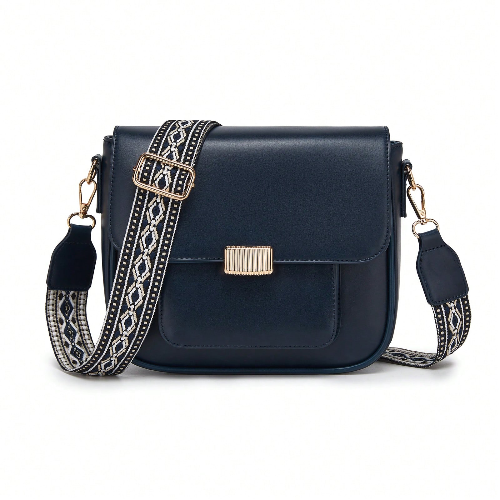 Crossbody Bag For Women Small Mini PU Leather Shoulder Handbag With Adjustable Jacquard Strap Flap Lock Zip Everyday Travel City Commute Party Evening Bag Fits 6.7 Inch Phone Vintage Chic Gift For Her Christmas Valentines Day New Year - Navy Blue