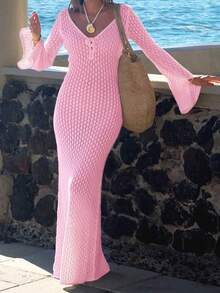 FOR BEAUTY Spring/Summer New V-Neck Backless Hollow Sexy Flare Sleeve Knit Sweater Beach Dress, Fitted & Semi-Sheer, Suitable For Beach, Seaside, Swimming, Music Festivals, Vacation Etc. - Light Pink - View 6