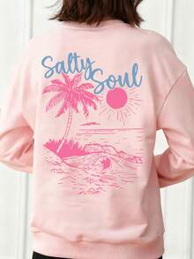 1 件女童休闲印花圆领运动衫，学生长袖上衣，秋冬 - 粉色 - 查看 2