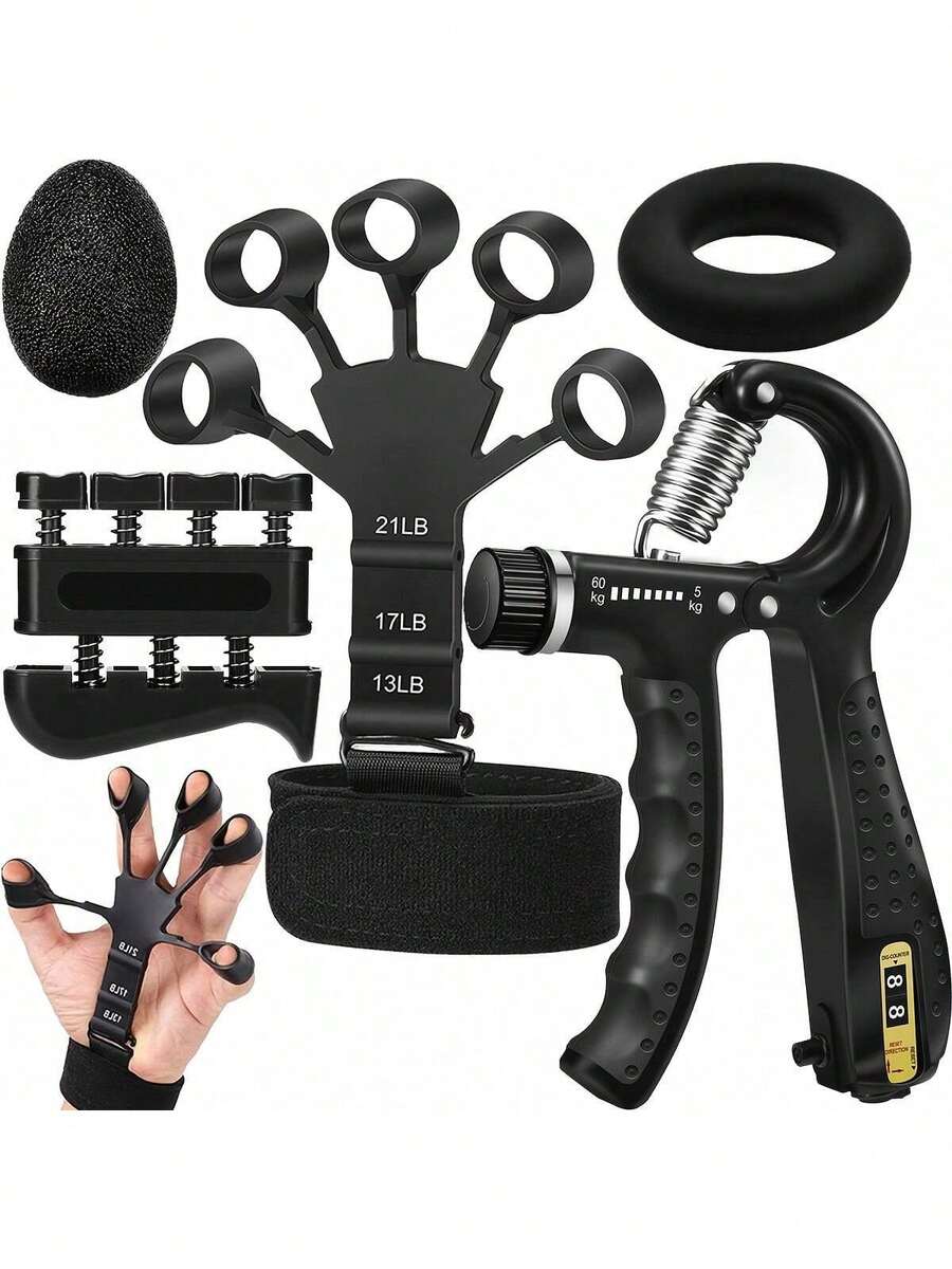 5-Pcs Grip Strength Training Set (Silicone Finger Gripper, Grip Ball, Grip Ring) Gym Accessories-Adjustable Resistance Hand Grip Strengthener, Forearm Exerciser For Muscle Building And Athletic Grip Trainer, Hand Strengthener Tool Kit - 黑色 - 查看 1