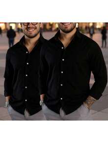 Kit 2 Camisa Masculina Social Slim Fit Premium Manga Longa Gola Italiana Confortavel Versatil Tecido Fresco Casual Para Trabalho Passa Facil Especial Final de Ano - Preto - Visão 1