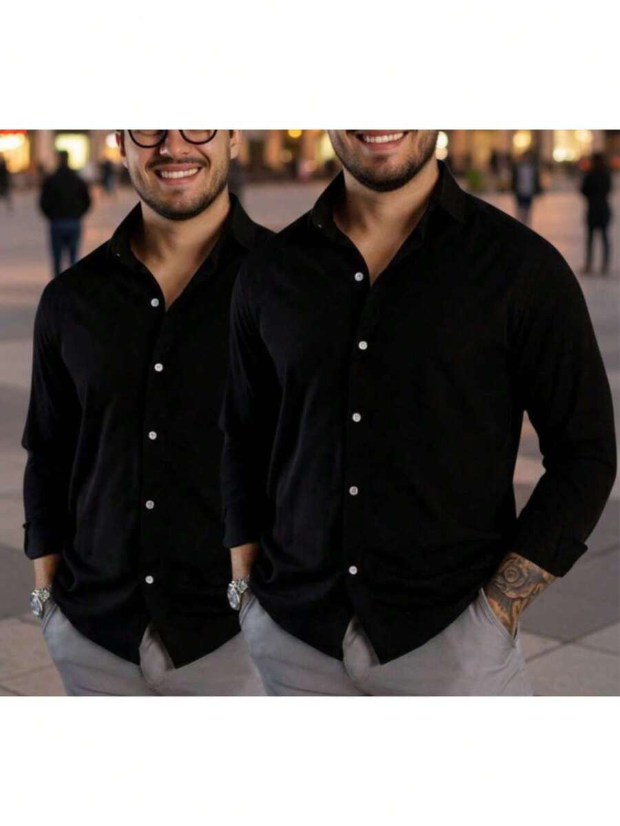 Kit 2 Camisa Masculina Social Slim Fit Premium Manga Longa Gola Italiana Confortavel Versatil Tecido Fresco Casual Para Trabalho Passa Facil Especial Final de Ano - Preto - Visão 1
