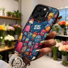 Cubierta de telefono con diseño de monstruos coloridos azul oscuro con texto STAY KIND para uso diario y regalos Aplicable a los teléfonos de la serie Apple y Galaxy - Blanco - Ver 6