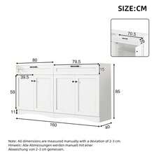 Meuble de Rangement 160x40x85 cm - Buffet de Salon avec 2 Tiroirs - Table d'Appoint au Design Courbé et Poignée Noire - 2 Grands Compartiments Fermés - 7 Espaces de Rangement au Total - Blanc - Voir 7