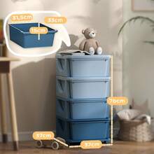 HOMCOM Children's Storage Boxes, 4 Drawers, Rounded Edges, Raised Design, Plastic, Blue - 1 - View 2