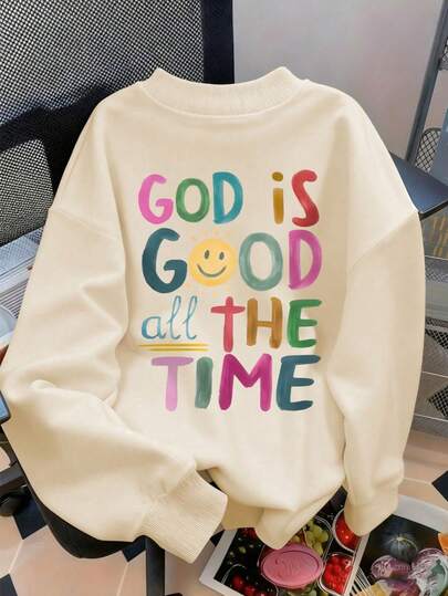 女士秋冬彩色字母印花宽松休闲简约日常街头风V领长袖保暖卫衣