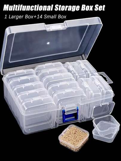 1pc Large Transparent Plastic Storage Box With 14 Small Compartments, Suitable For Storing Art Supplies, Jewelry, Nail Accessories, Beading DIY Tools, Portable And Stackable, Durable Desktop Organizer