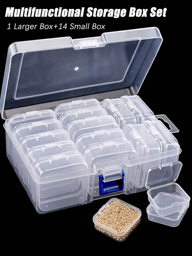 1pc Large Transparent Plastic Storage Box With 14 Small Compartments, Suitable For Storing Art Supplies, Jewelry, Nail Accessories, Beading DIY Tools, Portable And Stackable, Durable Desktop Organizer - Clear - View 1