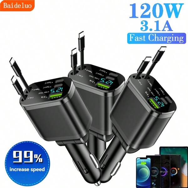 1 chargeur de voiture rétractable noir 120W, chargeur de voiture super rapide 5 en 1, câble rétractable et 2 ports PD, chargeur adaptateur 3,1A de charge rapide, avec affichage numérique de la tension, convient à tous les appareils