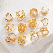 12/3pcs Set Asymmetric Pearl Flower Rings, Geometric Design, Iridescent, Hollow Round, Multi-Layer Metal Texture, Extra Large, Rugged Chic, Elegant Vintage, Suitable For Holidays, Parties, Dates, Gifts, Daily Wear