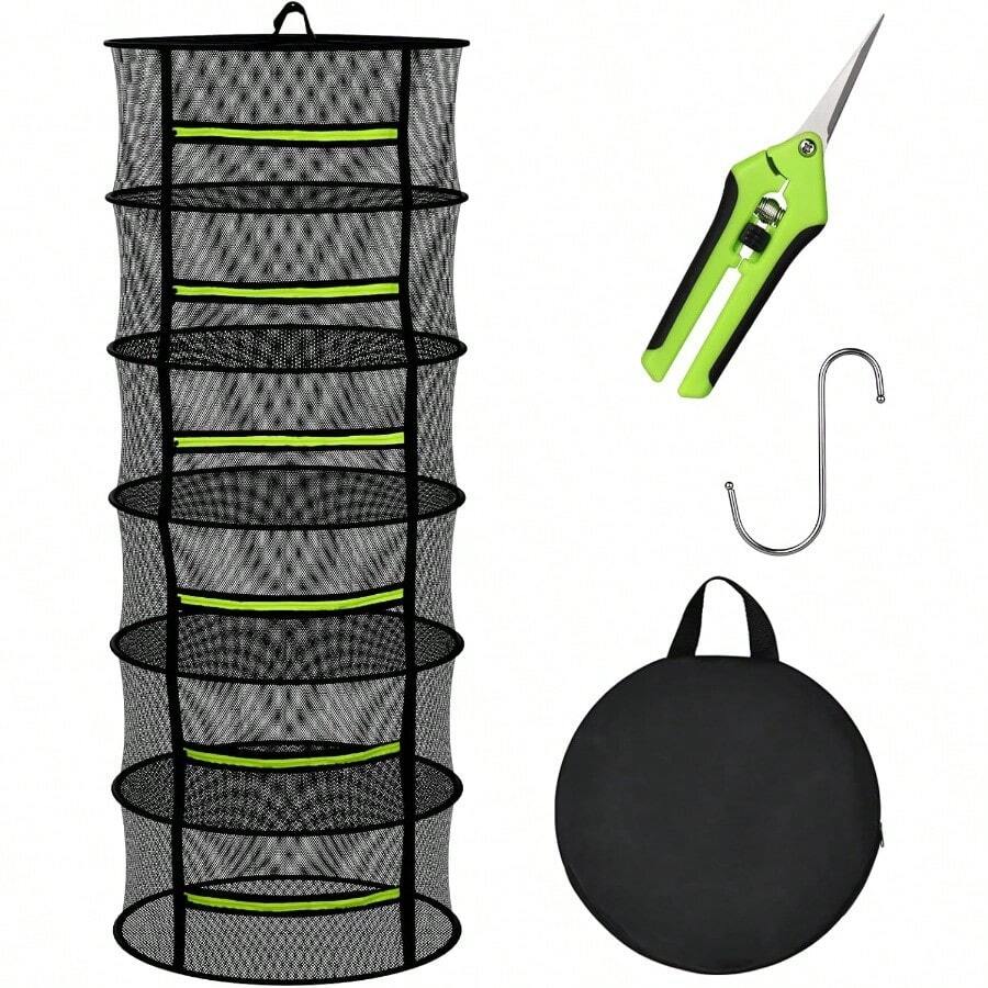 4 Layer Herb Drying Rack Hanging Plant Drying Rack Bud Drying Net Foldable Hanging Dry Rack Net With Green Zipper Garden Shears And Hooks For Herbs Seeds Indoor/Outdoor 23.62" - 6 capas - Ver 1