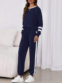 Women Fall 2 Piece Lounge Outfit Long Sleeve Tops High Waisted Jogger Pants Set Spring Travel Clothes Tracksuit New Years Valentine Vacation Outfit For Women - 藏青 - 查看 4