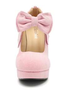 MAIERNISI JESSI Womens Bow Heels Mary Jane Shoes Round Toe Platform Chunky High Heel Vintage Dress Pumps - 粉紅色絨面 - 查看 5