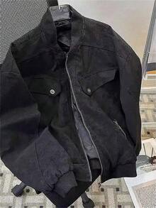 Corduroy Baseball Collar Jacket Men's Old Casual  Brand American High Street Japanese Retro Teen Jacket - 黑色 - 查看 3