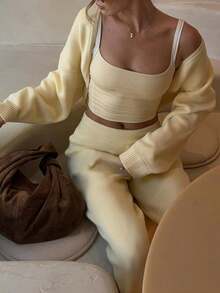 MORI 米黄色针织两件套，时尚简约优雅裤装，适合日常穿着、通勤及新年等场合，春秋季 - 黃色 - 查看 5