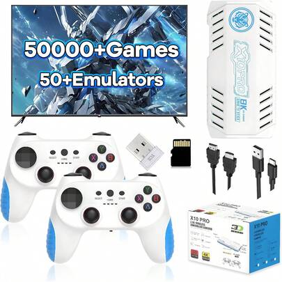 YIYI X10 Pro 2025 复古游戏机，内置 50,000+ 款复古游戏，51 款模拟器，支持 4K 高清输出，即插即用，Cortex-A55 处理器，兼容电视的即插即用型游戏机，128GB 存储，1 台（蓝/白）