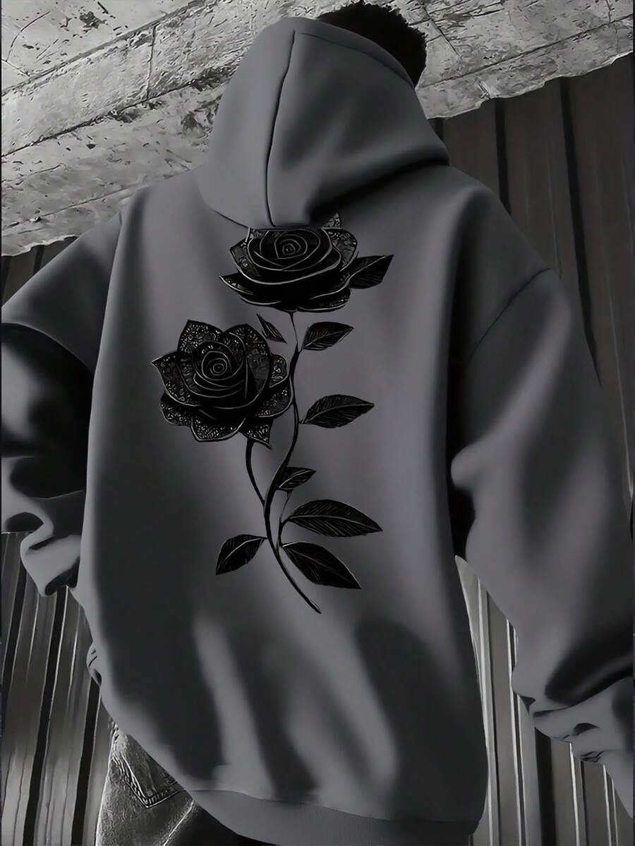 Men's Casual Versatile Rose Print Kangaroo Pocket Drawstring Hoodie, Autumn/Winter - Dark Grey - View 1