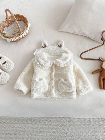 1 pieza Chaqueta casual con forro polar para bebé niña, con cuello con volantes y lazo, para otoño/invierno