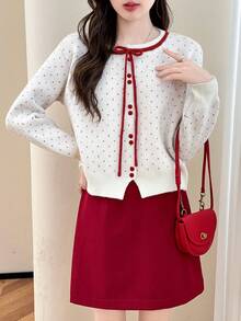 女士圆点花纹圆领开衫，秋冬青春风尚 - 紅白色 - 查看 2