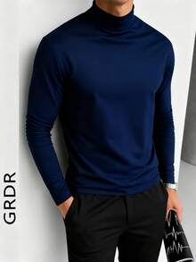 男士高领长袖T恤，适合户外休闲穿着，春秋季 - 藏蓝色 - 查看 1