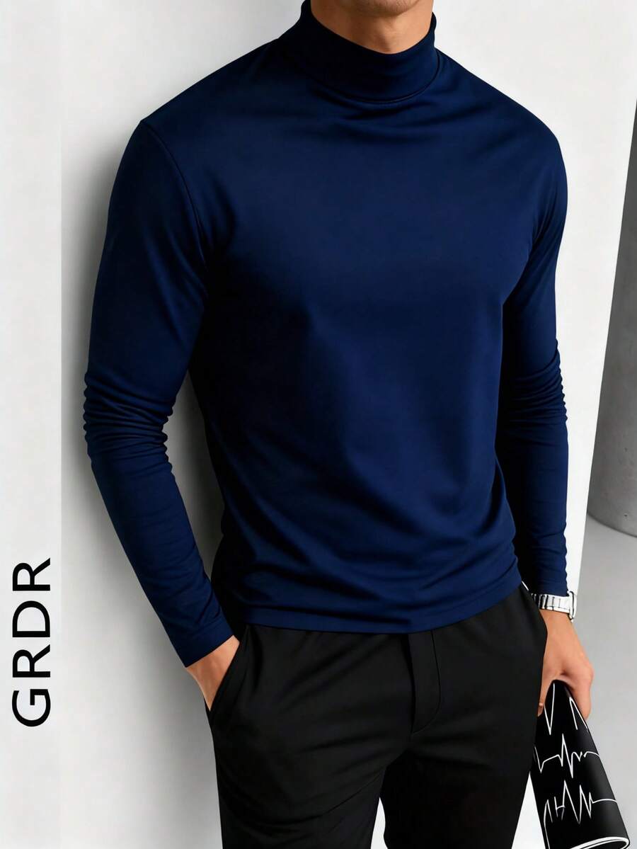 男士高领长袖T恤，适合户外休闲穿着，春秋季 - 藏蓝色 - 查看 1